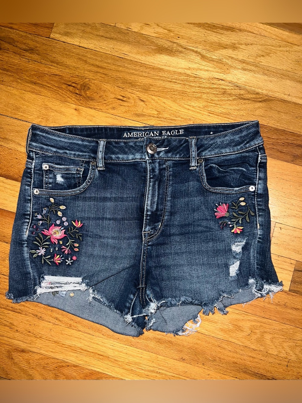 American Eagle Outfitters Dark Blue Embroidered Denim Shorts